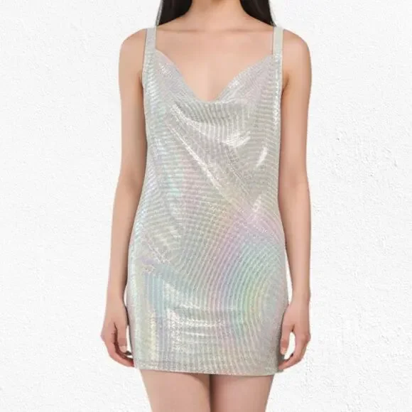House of Harlow Iridescent Metal Mesh Disco Mini Dress Drape Neck Size Small NWT - Picture 2 of 8